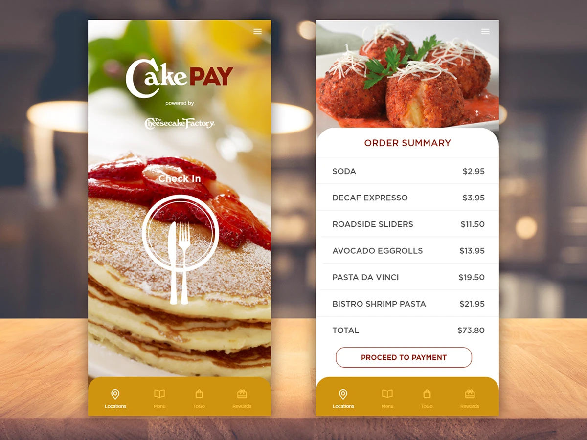 CakePay app: check-in screen and order summary