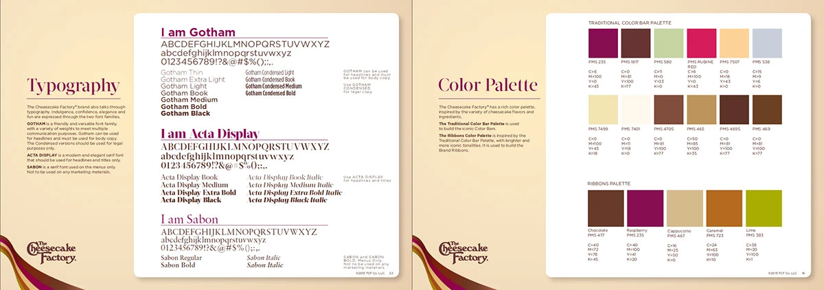 Brand guidelines spread showing typography and PMS color palettes