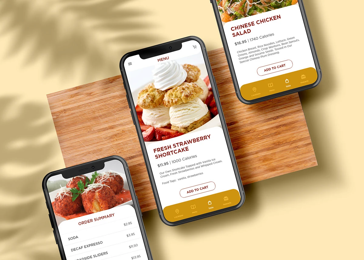 Three phones showing menu item pages and order summary