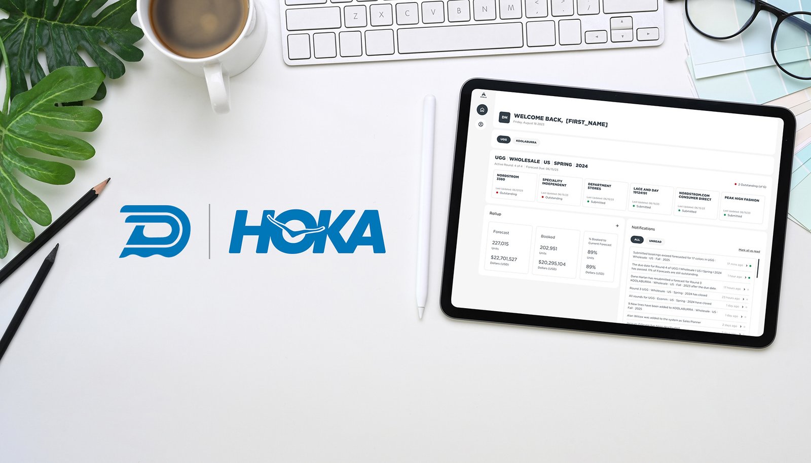 Apollo forecasting dashboard for Deckers brands on a tablet