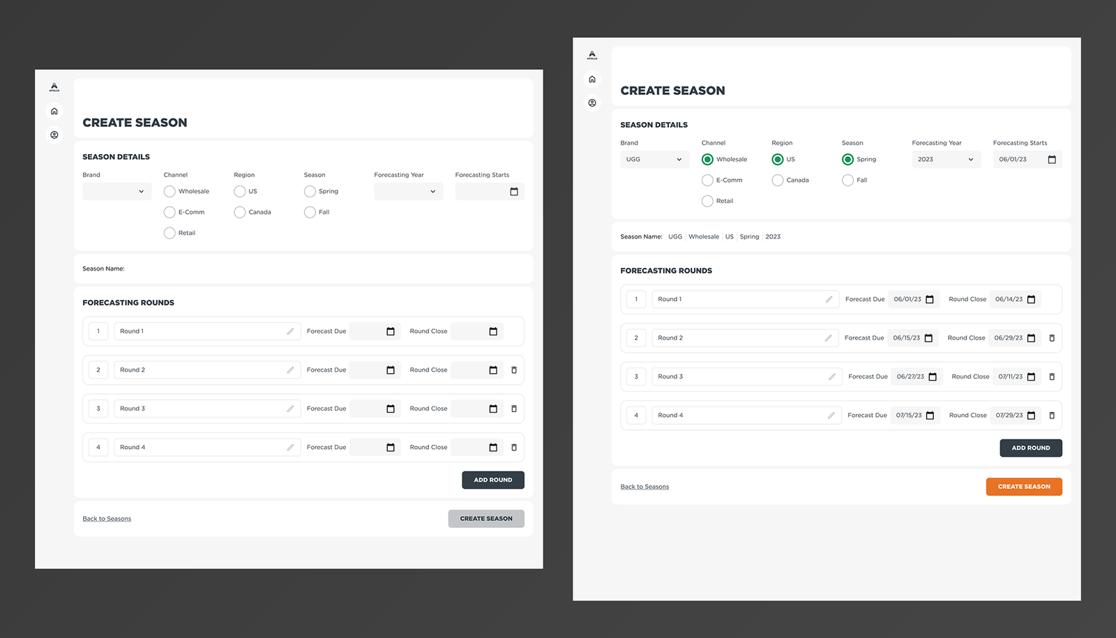 Create Season screen shown empty and filled in