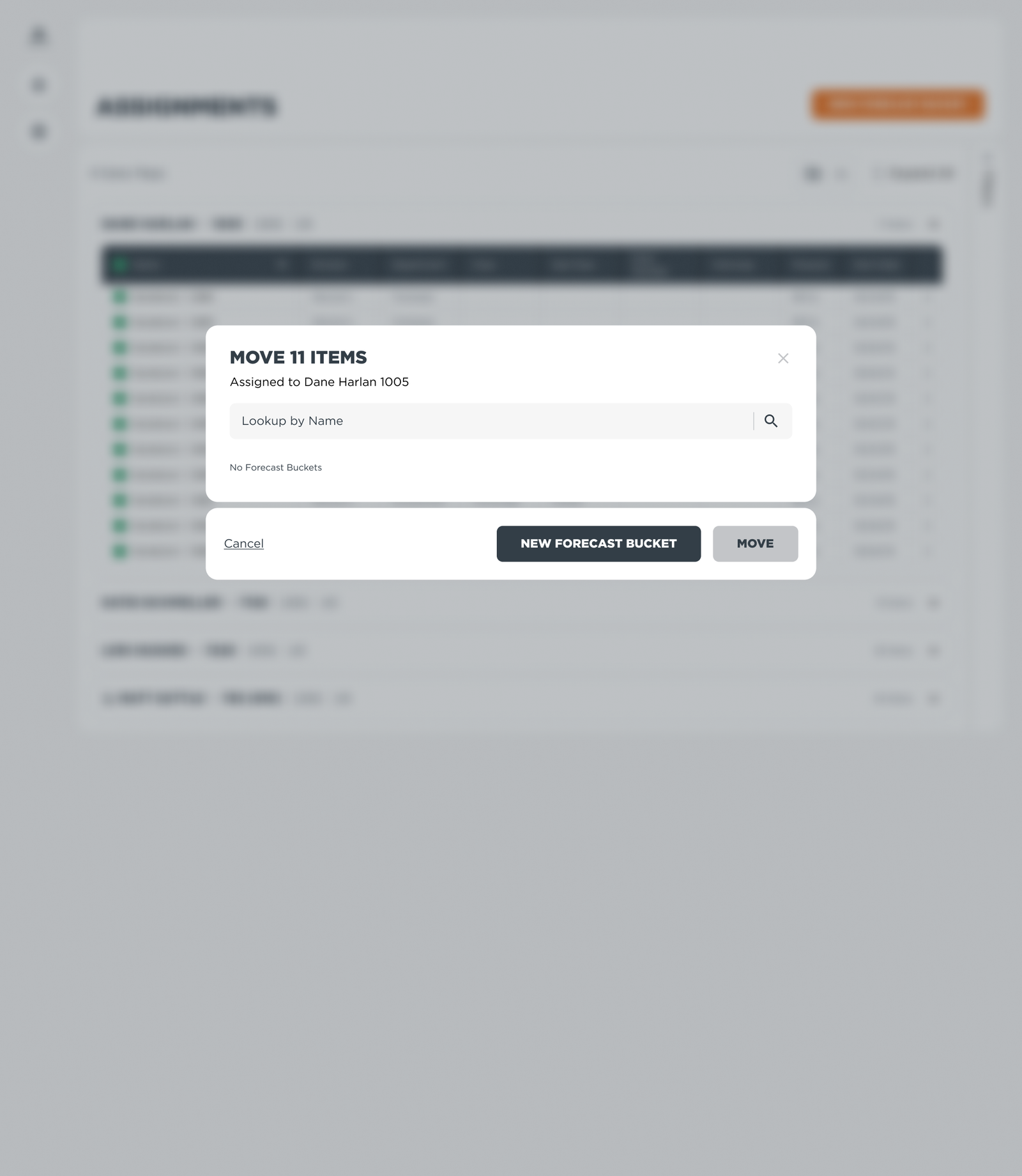 Assignments expanded with an item table and account filter rail