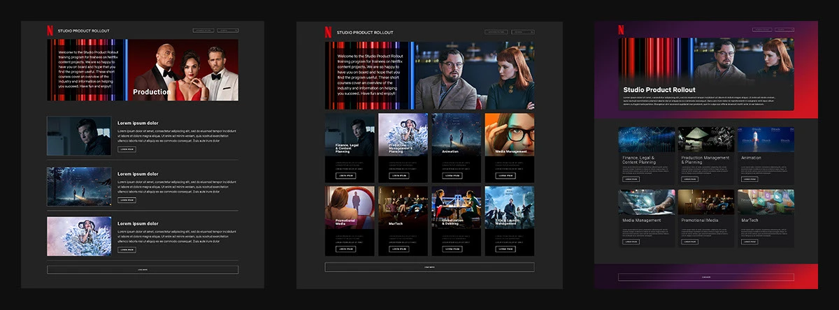 Three iterations of the browse screens