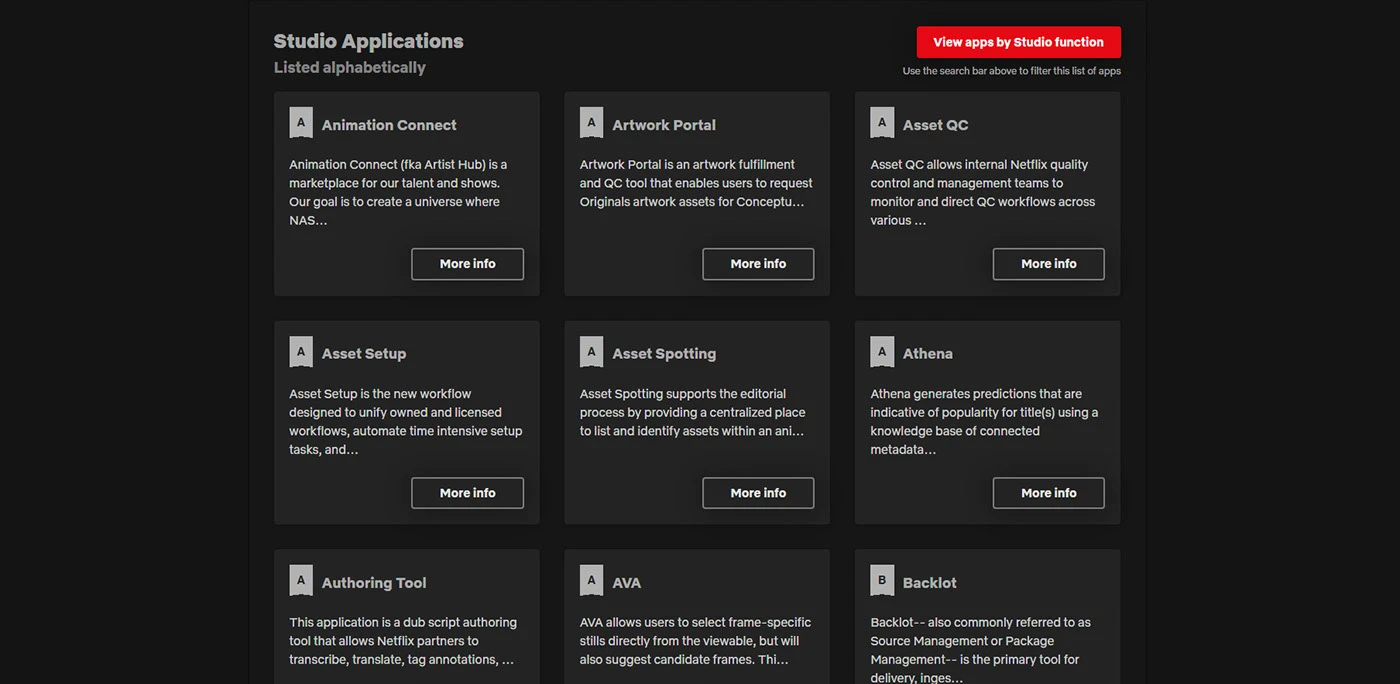 The previous Studio Applications listing: a dark grid of app cards
