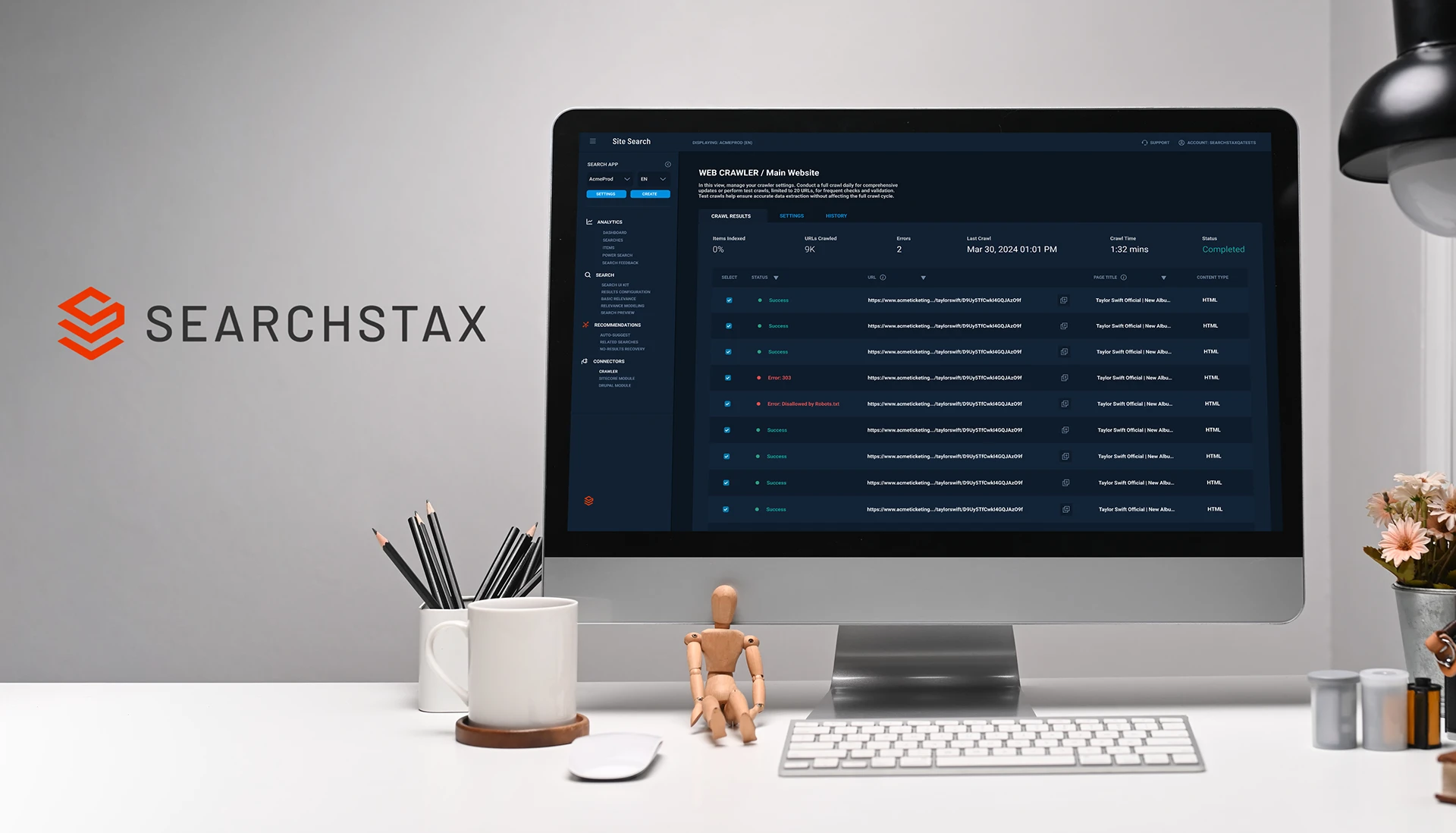SearchStax web crawler dashboard on a desktop monitor
