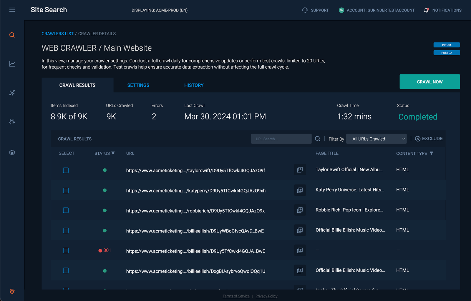 Crawl results dashboard with completed crawl and indexed pages