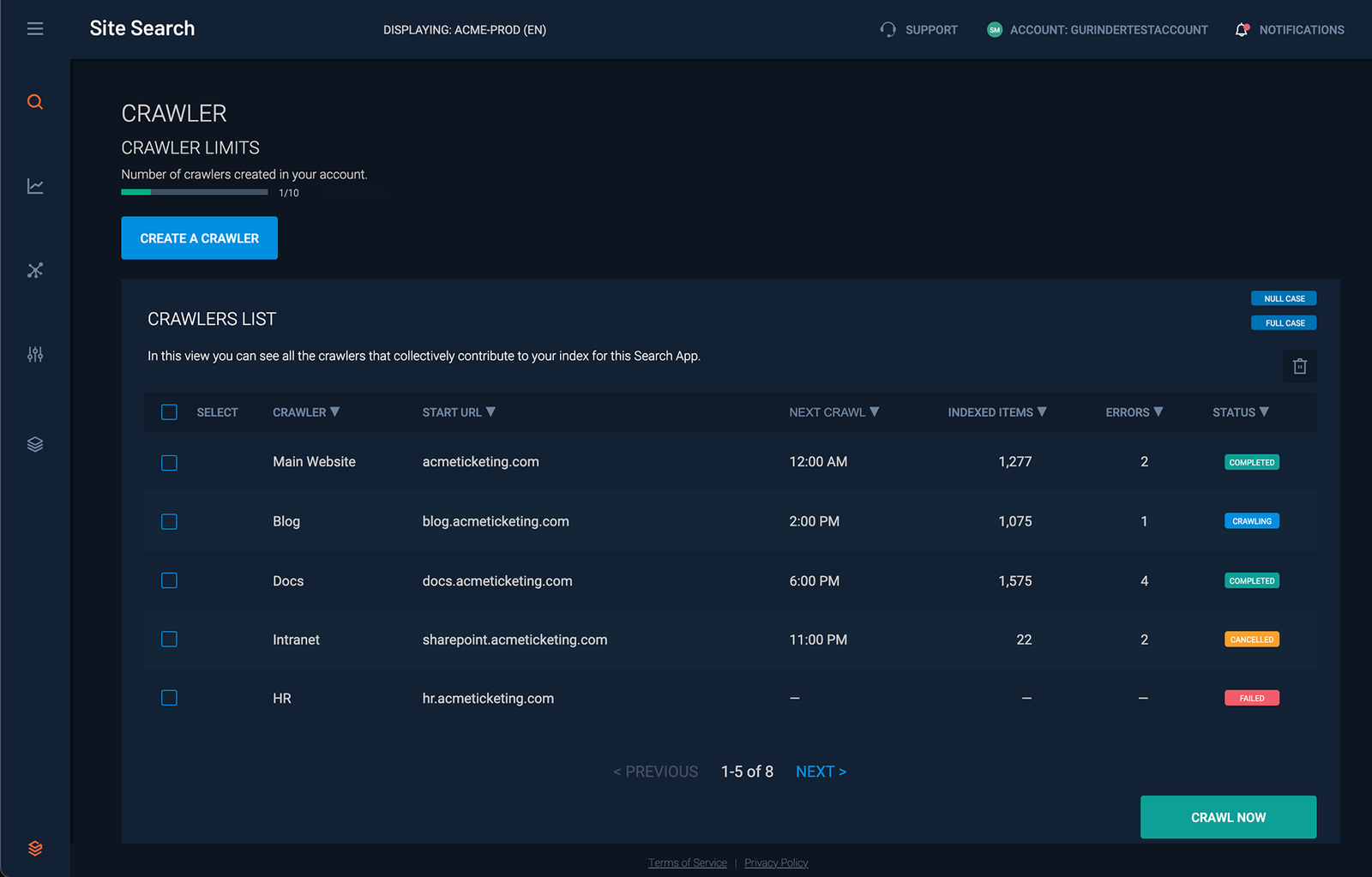 Crawler list showing statuses across multiple crawlers