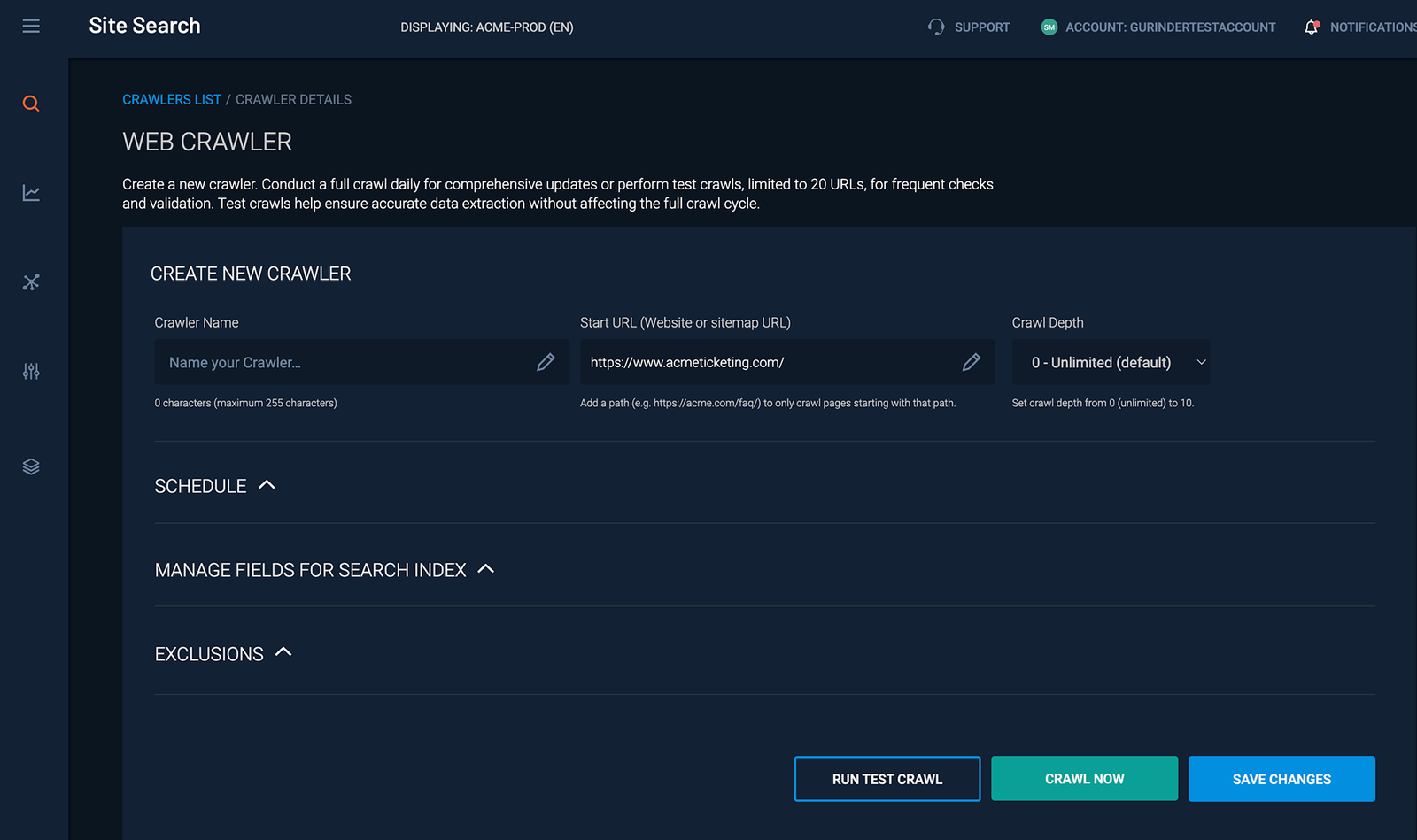 Create New Crawler screen with schedule and field mapping