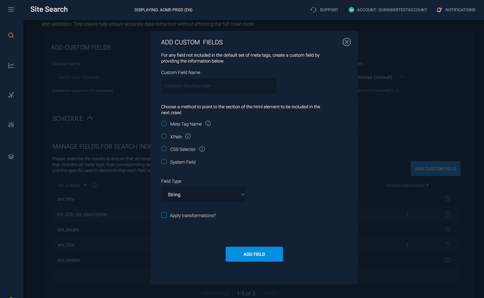 Add custom fields modal for mapping metadata into the search index