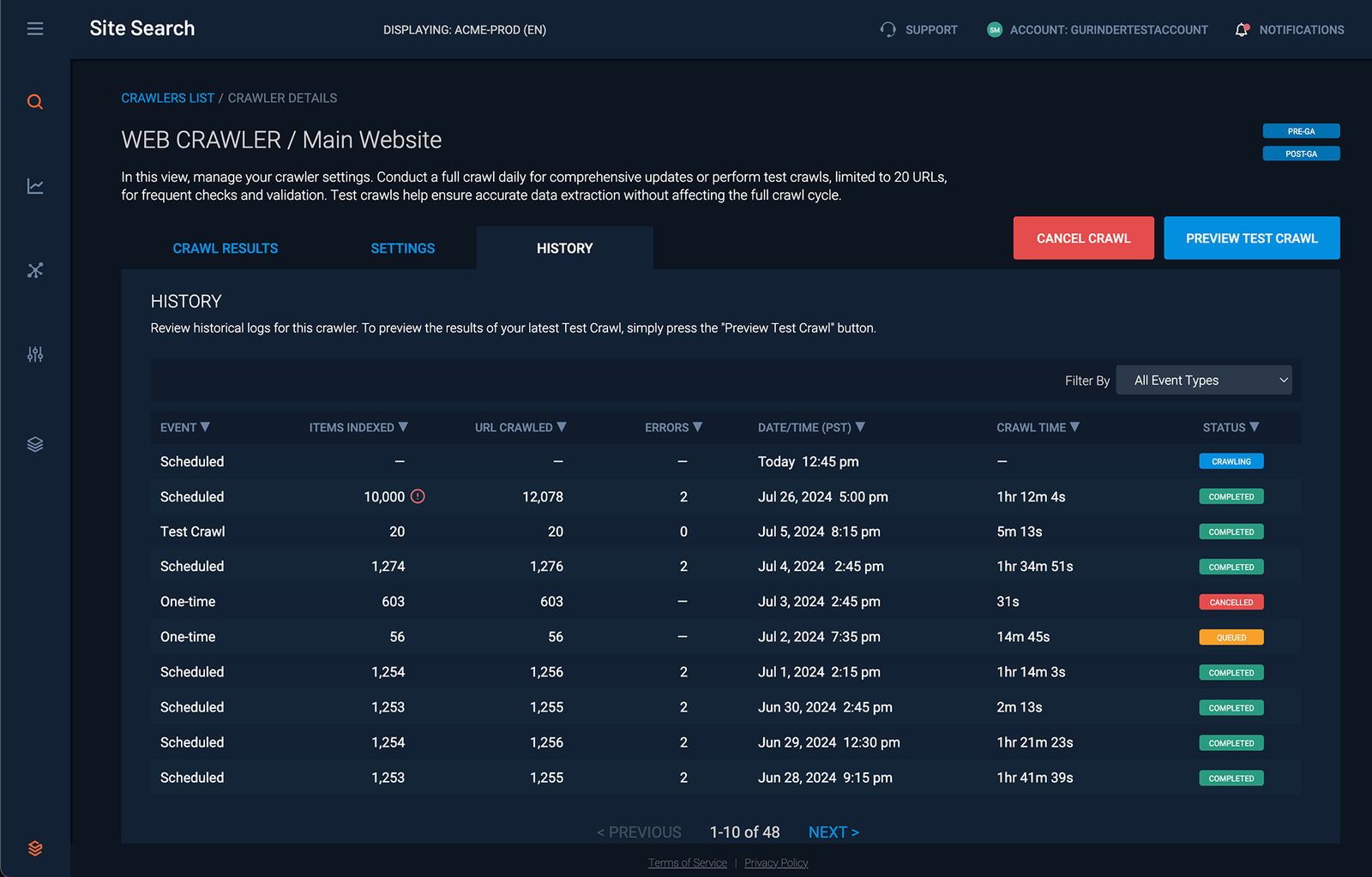 Crawl history log with schedule and status per run